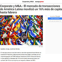 Corporate y M&A.- El mercado de transacciones de Amrica Latina moviliz un 16% ms de capital hasta febrero